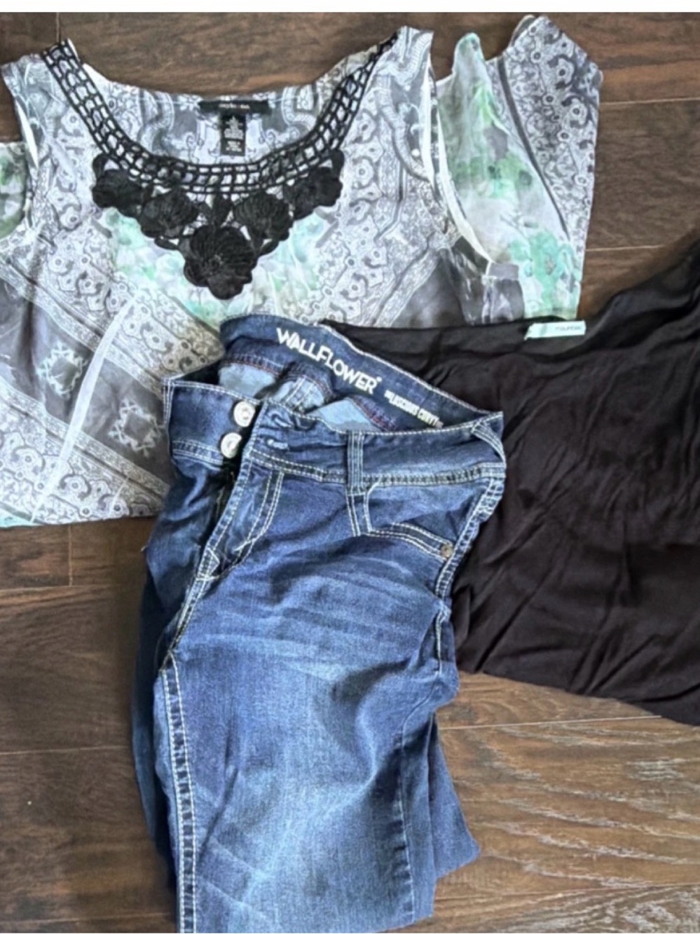 Maurices Gray/ Black Tunic, off shoulder black shirt and wallflower Jeans bundle